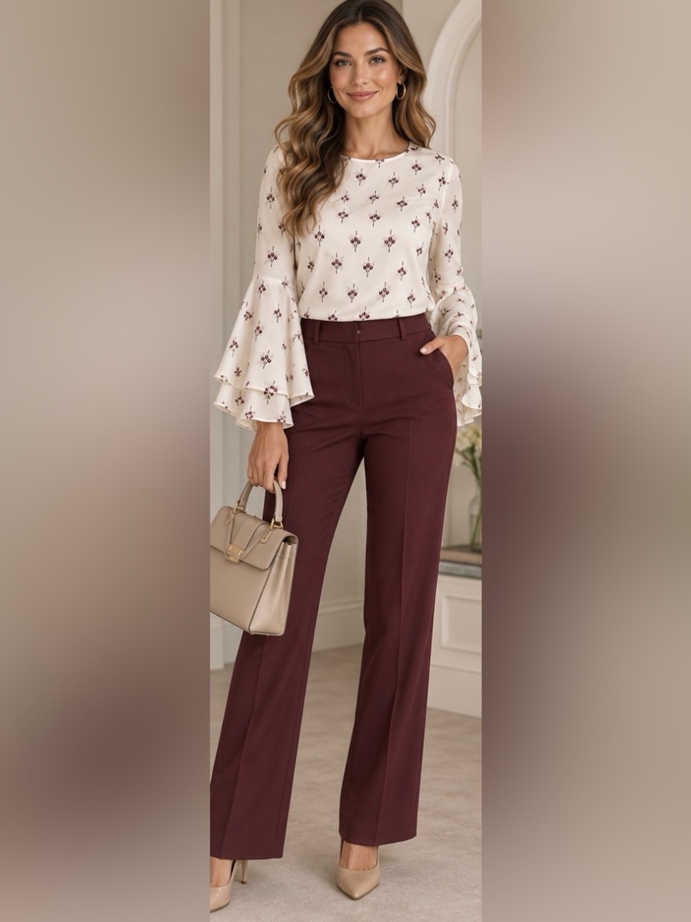 Ann Taylor Factory Petite XSP Floral Trumpet Bell Sleeve Blouse Ivory Burgundy